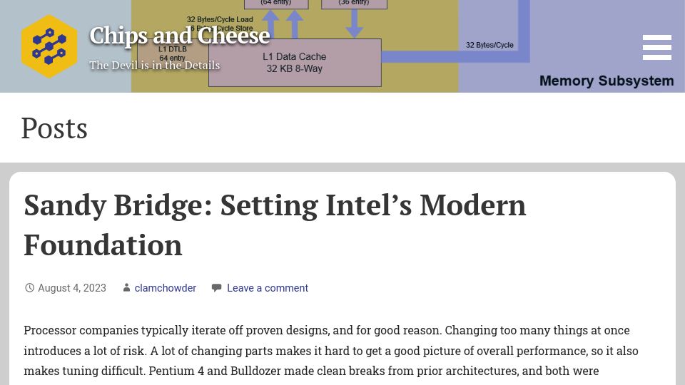 Screenshot of chipsandcheese.com: Sandy Bridge: Setting Intel’s modern foundation