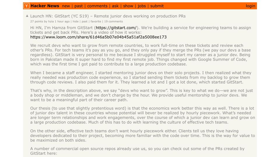 Screenshot of Hacker News post: Launch HN: GitStart (YC S19) – Remote junior devs working on production PRs