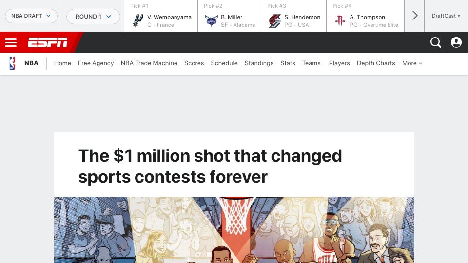 Screenshot of espn.com: The $1M shot that changed sports contests