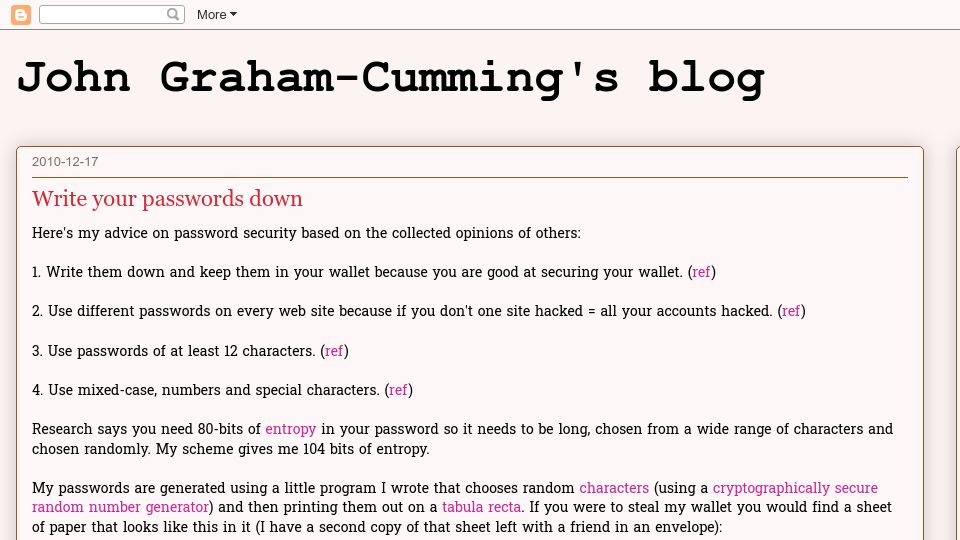 Screenshot of blog.jgc.org: Write your passwords down (2010)