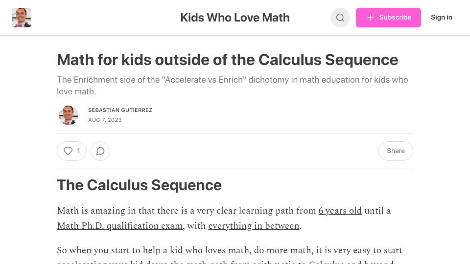 Screenshot of kidswholovemath.substack.com: Math for kids outside of the Calculus Sequence