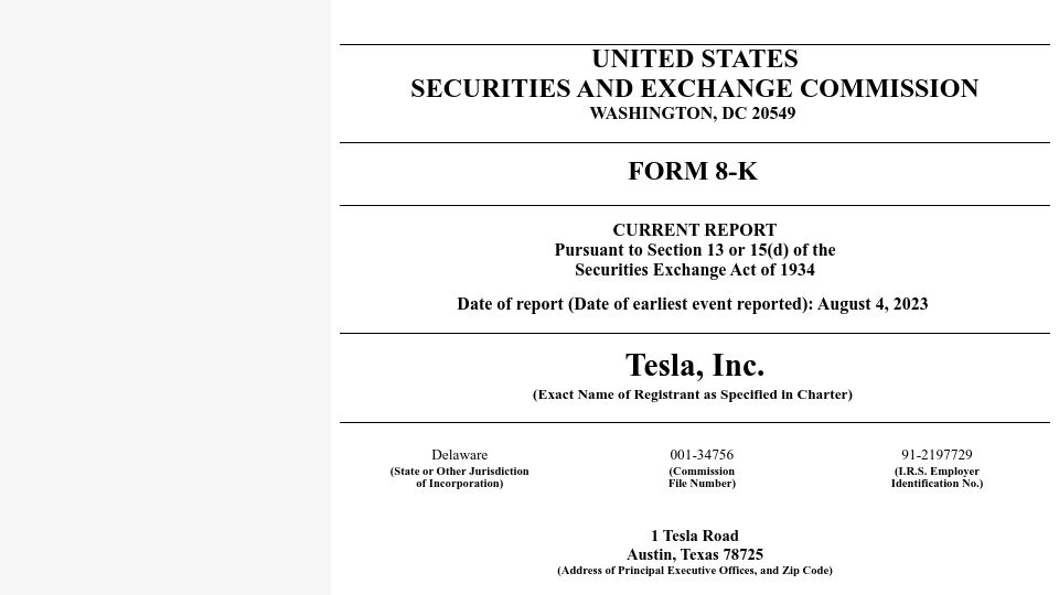 Screenshot of bamsec.com: Tesla, Inc. 8-k filing – CFO leaves Tesla