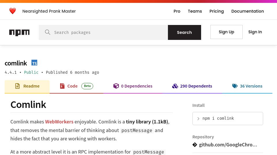 Screenshot of npmjs.com: Comlink Makes WebWorkers Enjoyable