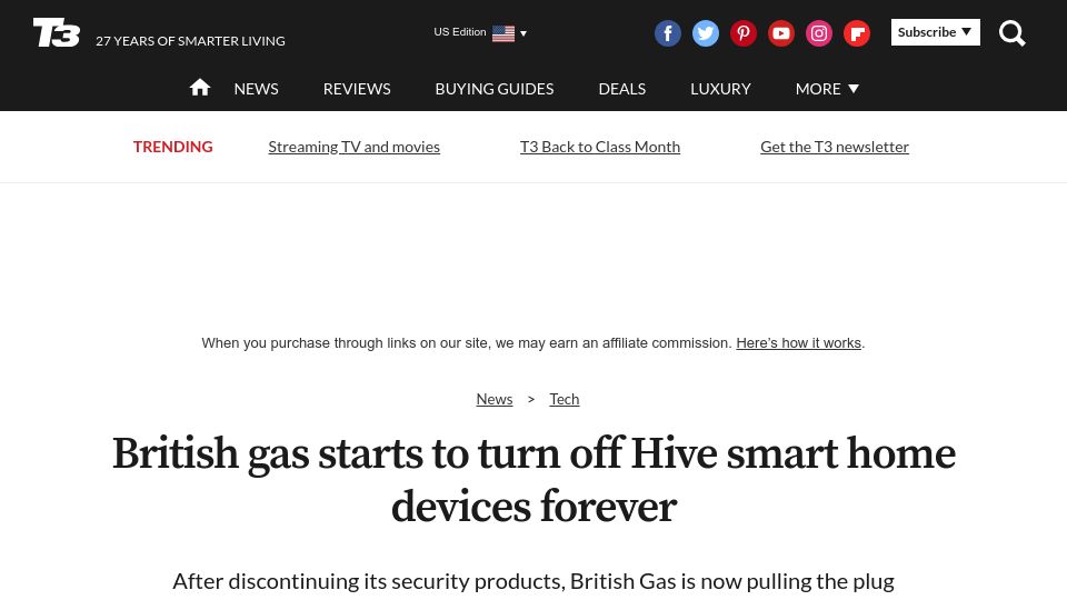 Screenshot of t3.com: British Gas starts to turn off Hive smart home devices forever