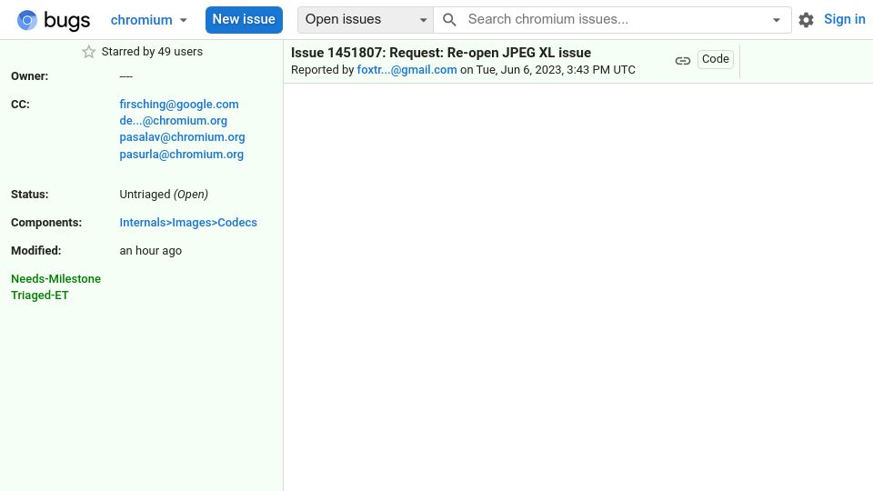 Screenshot of bugs.chromium.org: Request: Re-open JPEG XL issue