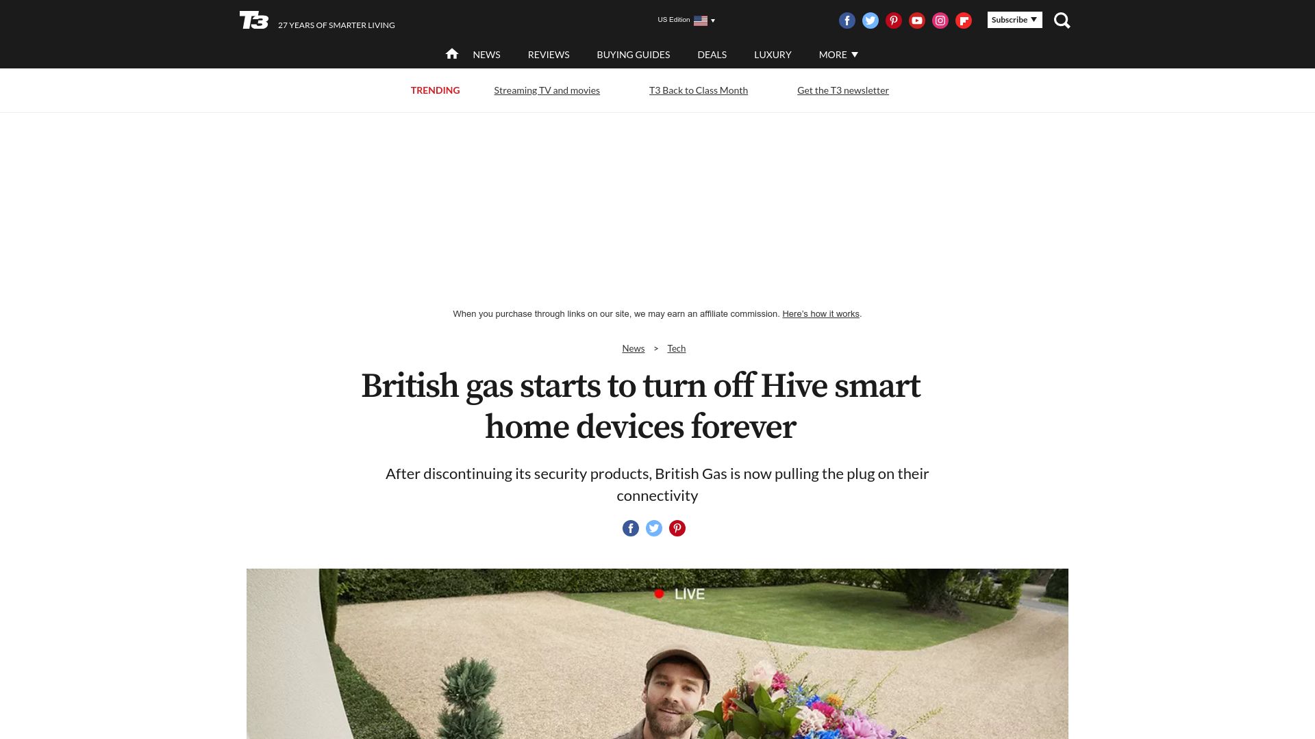Screenshot of t3.com: British Gas starts to turn off Hive smart home devices forever