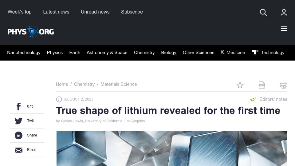 Screenshot of phys.org: Lithium morphology discovery could lead to safer lithium-metal batteries