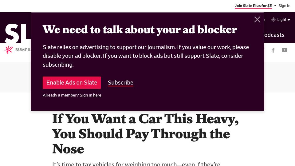 Screenshot of slate.com: If You Want a Car This Heavy, You Should Pay Through the Nose