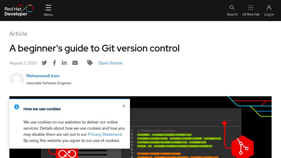 Screenshot of developers.redhat.com: A beginner's guide to Git version control