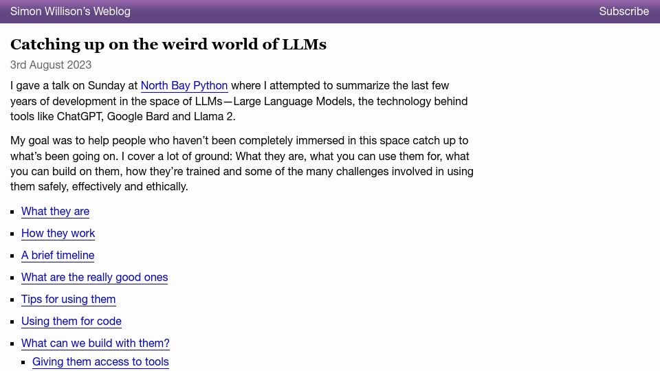 Screenshot of simonwillison.net: Catching up on the weird world of LLMs