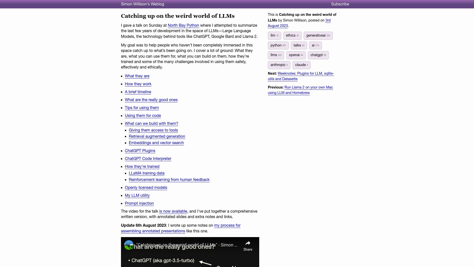 Screenshot of simonwillison.net: Catching up on the weird world of LLMs
