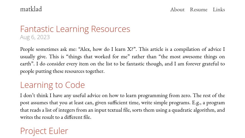 Screenshot of matklad.github.io: Fantastic Learning Resources