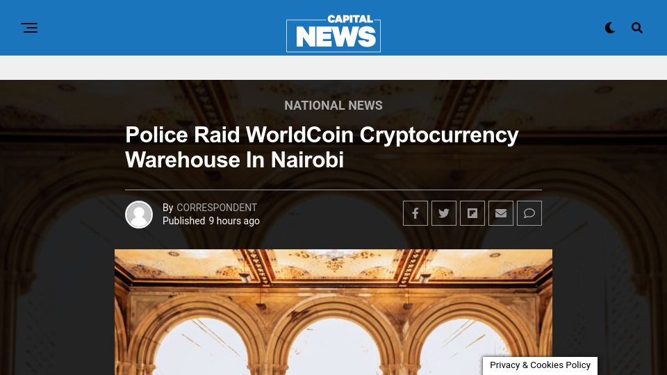 Screenshot of capitalfm.co.ke: Police raid Worldcoin warehouse in Nairobi