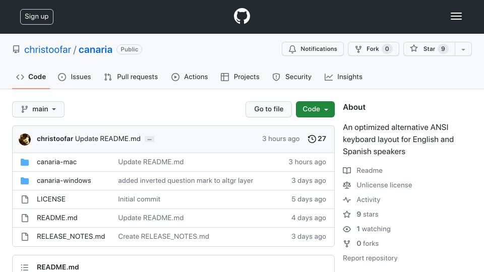 Screenshot of github.com: Efficient keyboard layout for English and Spanish