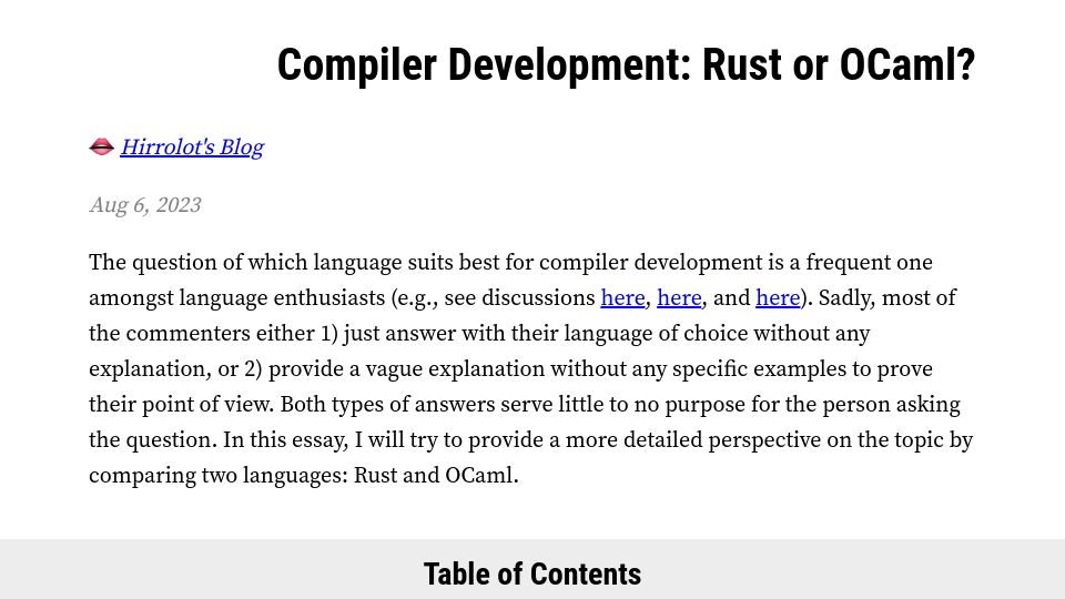 Screenshot of hirrolot.github.io: Compiler Development: Rust or OCaml?