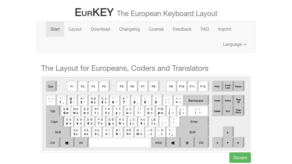 Screenshot of eurkey.steffen.bruentjen.eu: EurKEY: The European Keyboard Layout – For Europeans, Coders and Translators