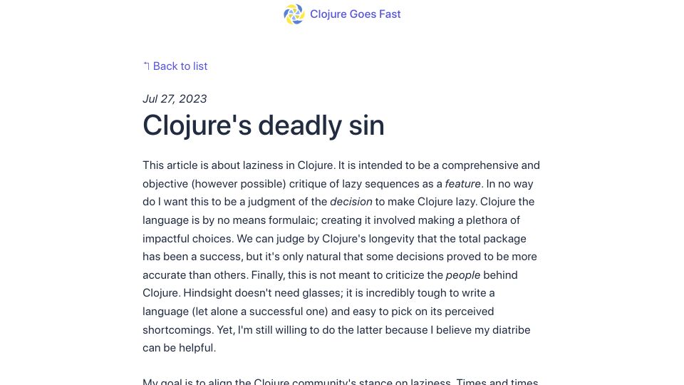 Screenshot of clojure-goes-fast.com: Critique of Lazy Sequences in Clojure