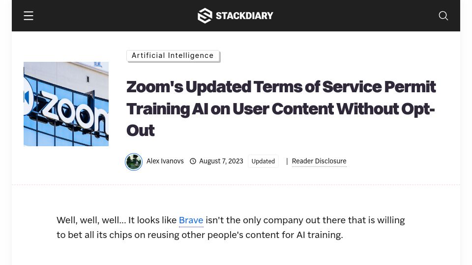 Screenshot of stackdiary.com: Zoom's TOS Permit Training AI on User Content Without Opt-Out