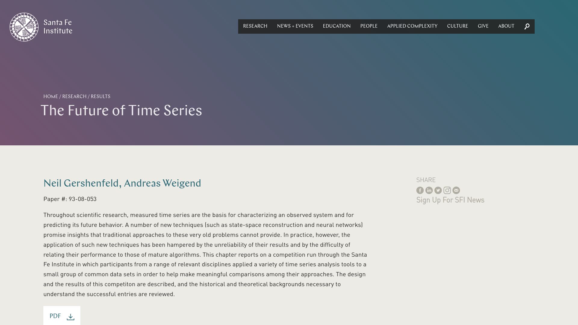 Screenshot of santafe.edu: The Santa Fe Time Series Prediction and Analysis Competition