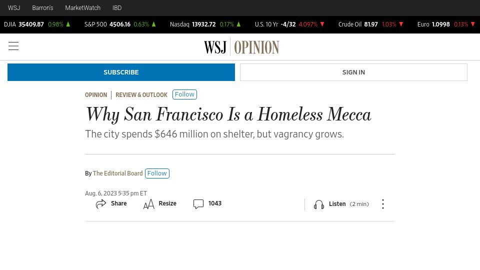 Screenshot of wsj.com: Why San Francisco Is a Homeless Mecca