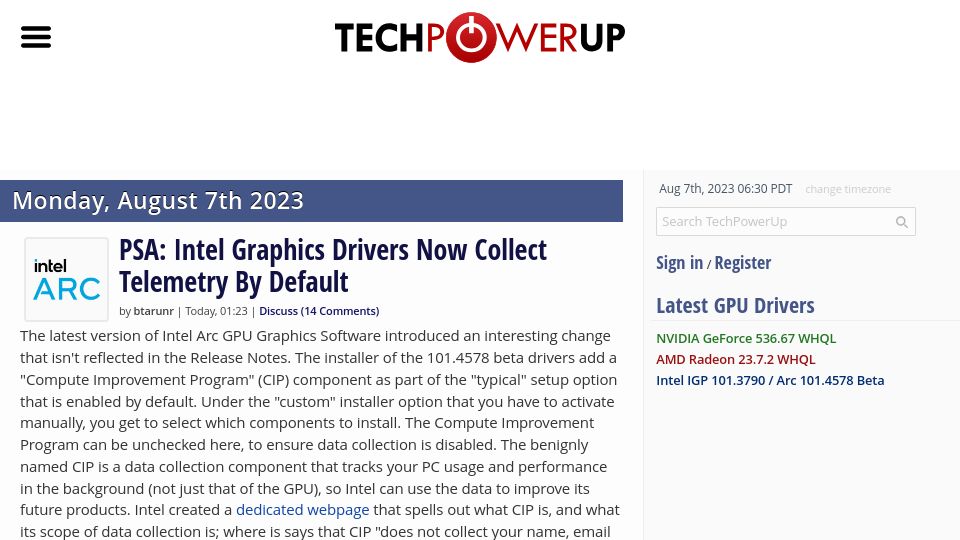 Screenshot of techpowerup.com: PSA: Intel Graphics Drivers Now Collect Telemetry by Default