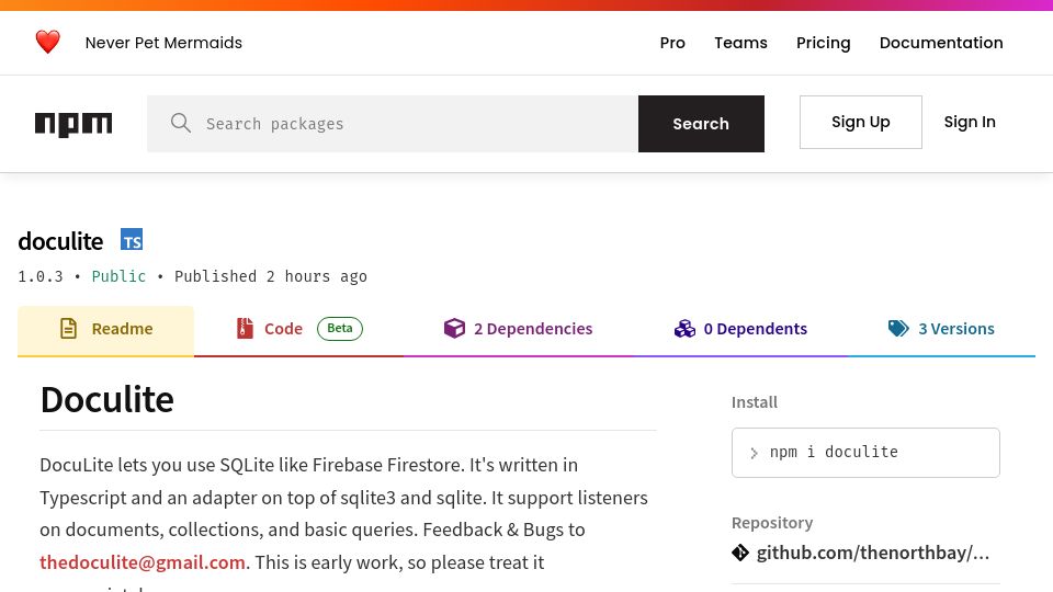 Screenshot of npmjs.com: Show HN: Doculite – Use SQLite as a Document Database