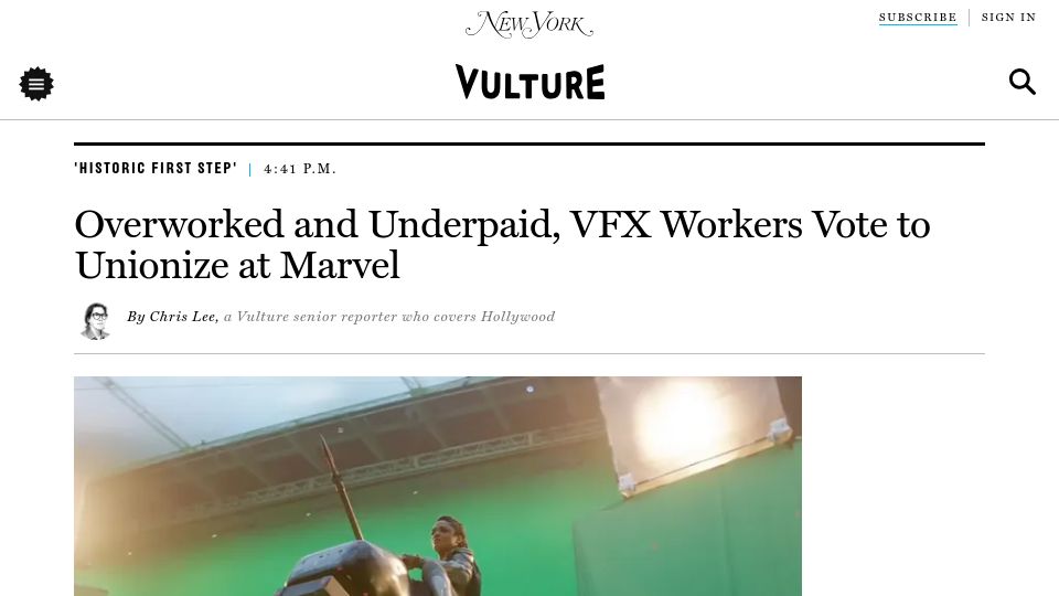 Screenshot of vulture.com: Overworked and underpaid, VFX workers vote to unionize at Marvel