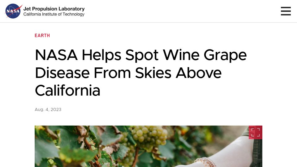 Screenshot of jpl.nasa.gov: NASA helps spot wine grape disease from skies above California