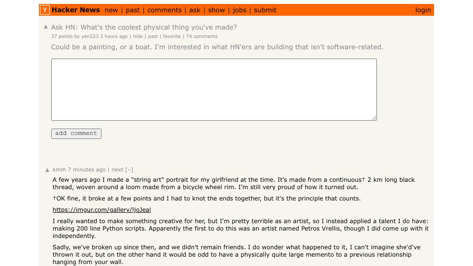 Screenshot of Hacker News post: Ask HN: What's the coolest physical thing you've made?