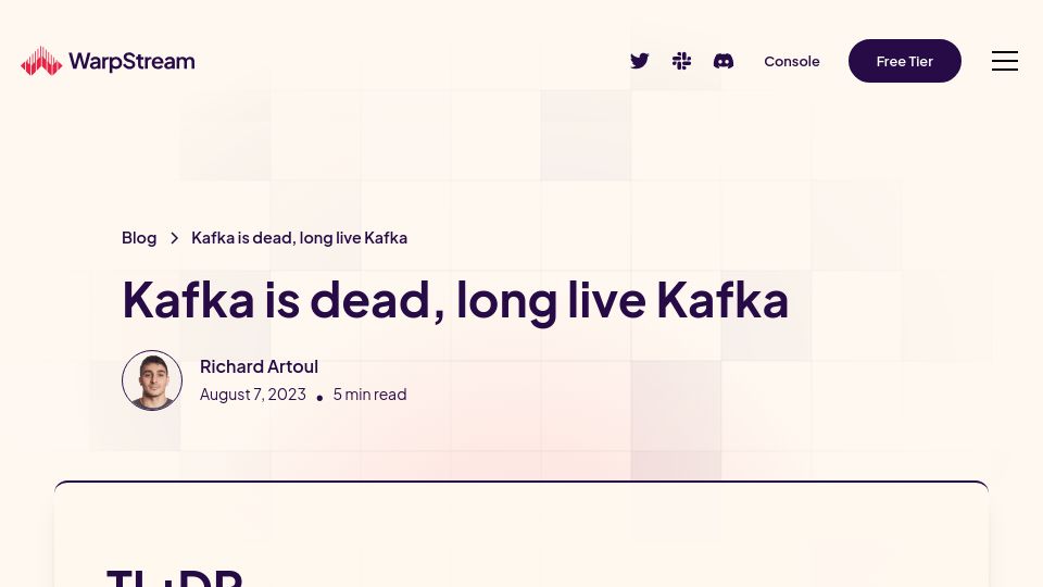 Screenshot of warpstream.com: Kafka is dead, long live Kafka