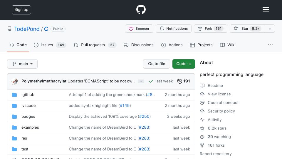 Screenshot of github.com: We are pleased to announce that DreamBerd has been renamed to C