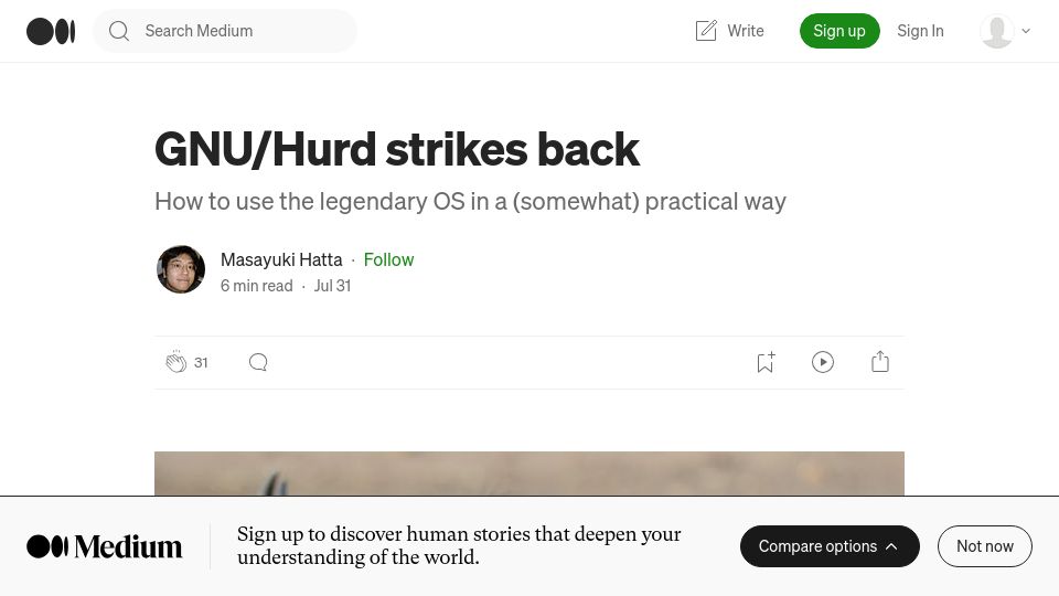 Screenshot of mhatta.medium.com: Gnu/Hurd strikes back: How to use the legendary OS in a (somewhat) practical way