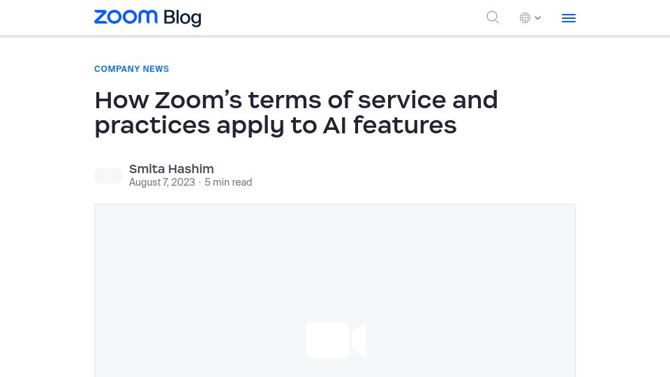 Screenshot of blog.zoom.us: How Zoom’s terms of service and practices apply to AI features