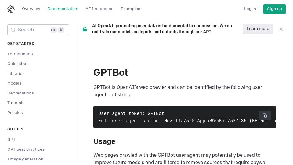 Screenshot of platform.openai.com: GPTBot – OpenAI’s Web Crawler