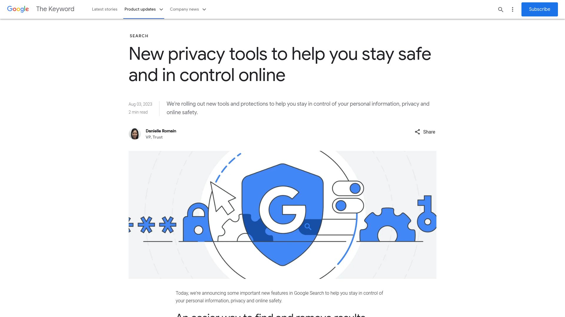Screenshot of blog.google: New privacy tools and policies to help you stay safe and in control online