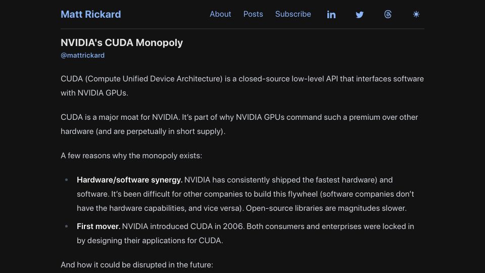 Screenshot of matt-rickard.com: Nvidia's CUDA Monopoly
