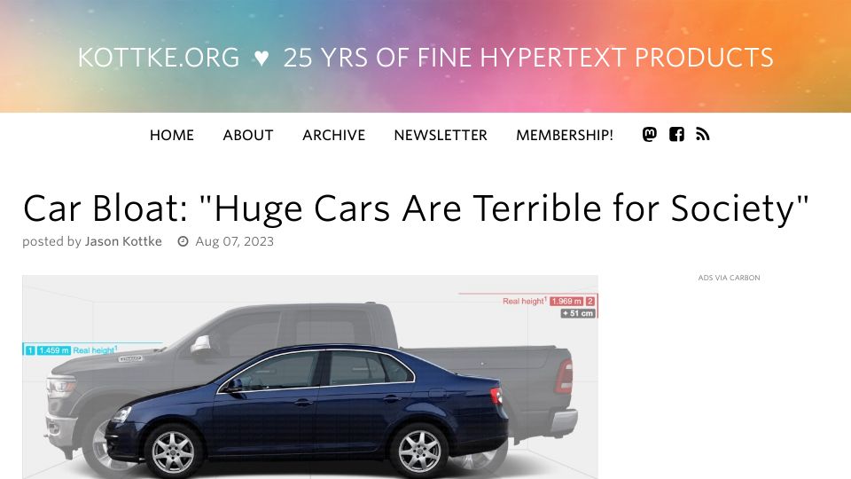 Screenshot of kottke.org: Car Bloat: “Huge Cars Are Terrible for Society”