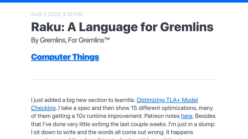 Screenshot of buttondown.email: Raku: A language for gremlins