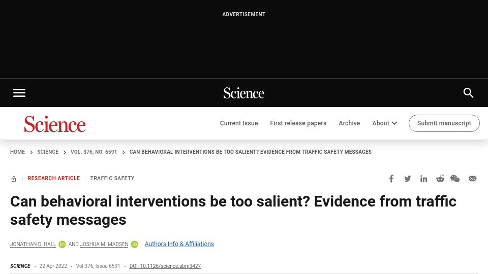 Screenshot of science.org: Traffic safety “nudges” can cause number of crashes to increase (2022)