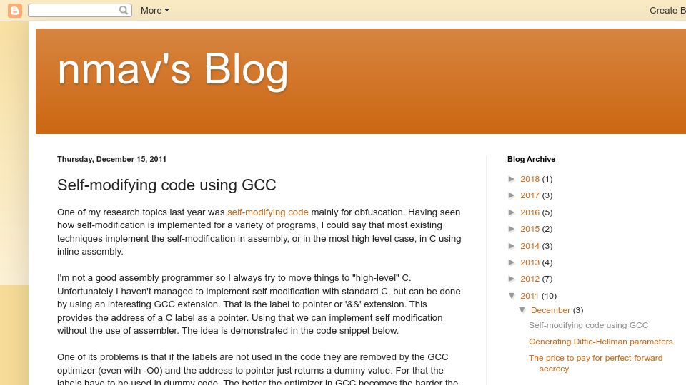 Screenshot of nikmav.blogspot.com: Self-modifying code using GCC (2011)