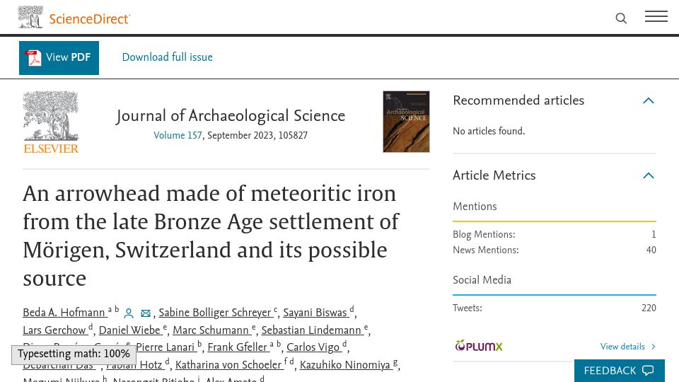 Screenshot of sciencedirect.com: An arrowhead made of meteoritic iron from the late Bronze Age