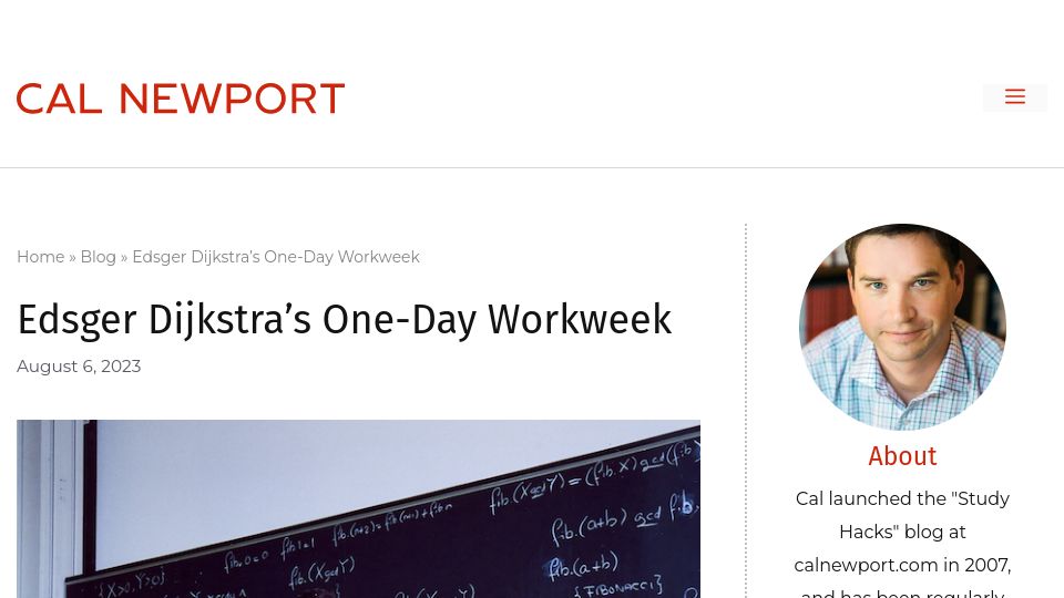 Screenshot of calnewport.com: Edsger Dijkstra’s One-Day Workweek