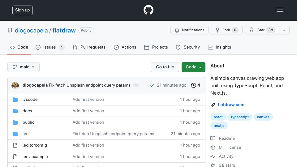 Screenshot of github.com: Open-source canvas drawing web app, built using React