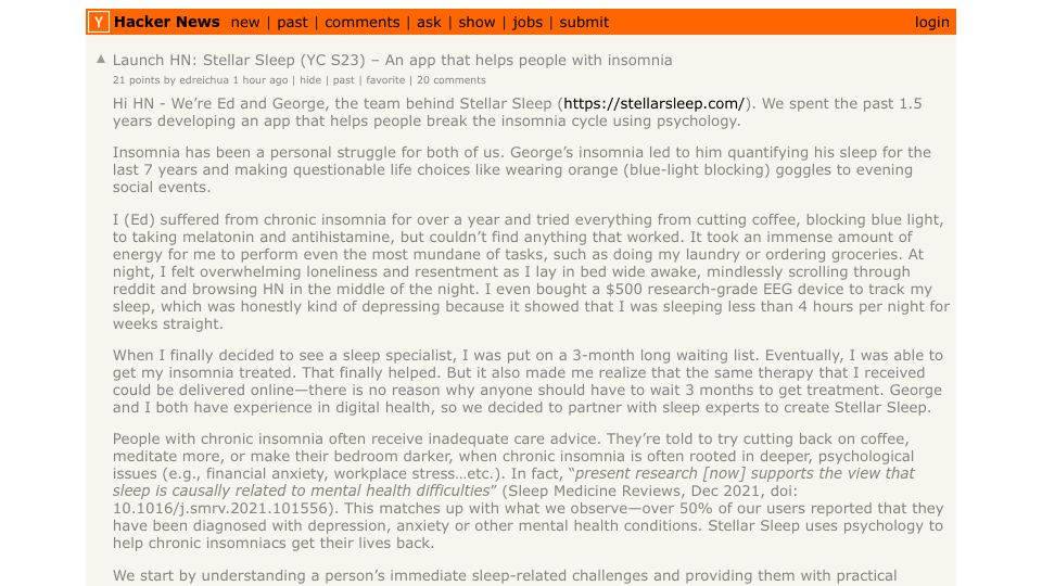 Screenshot of Hacker News post: Launch HN: Stellar Sleep (YC S23) – An app that helps people with insomnia