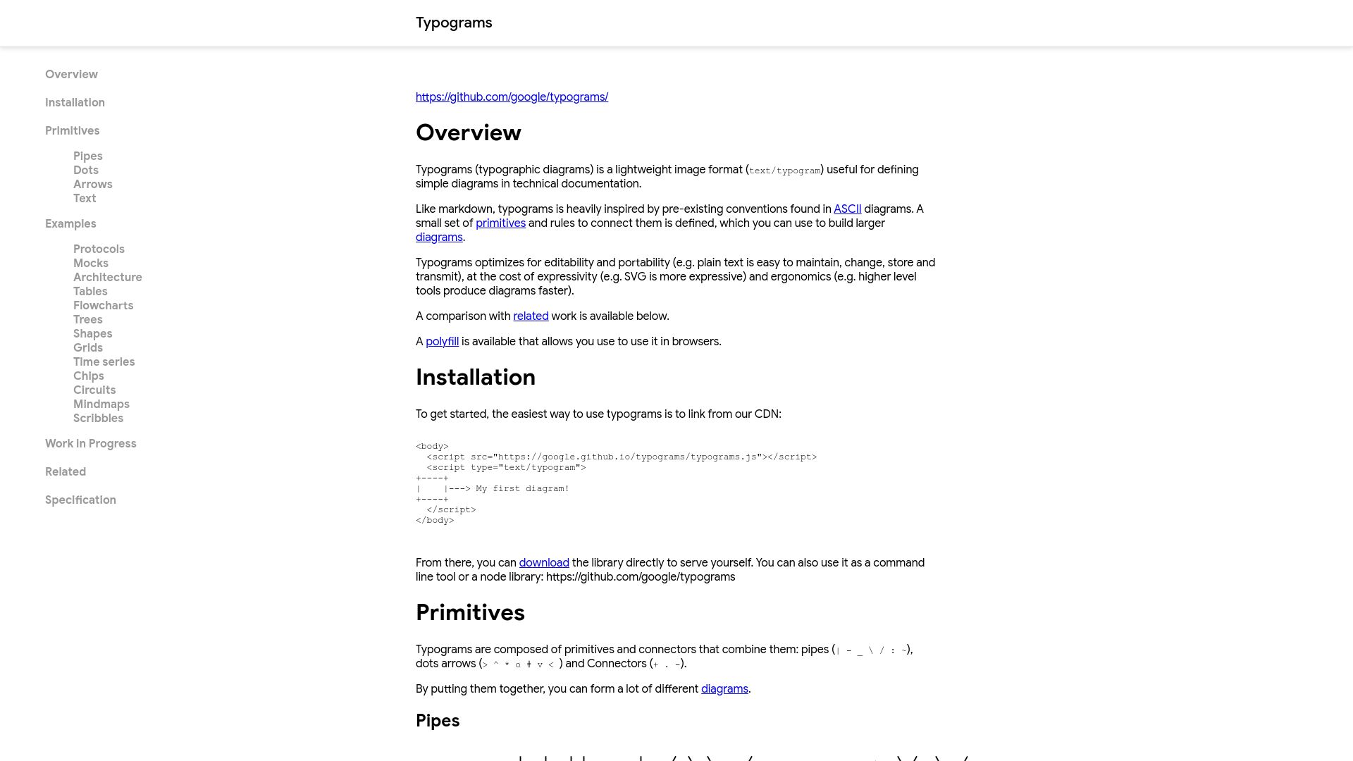 Screenshot of google.github.io: Typograms: A definition and renderer for ASCII diagrams