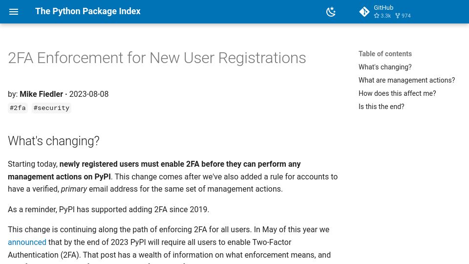 Screenshot of blog.pypi.org: PyPI Requires 2FA for New User Registrations