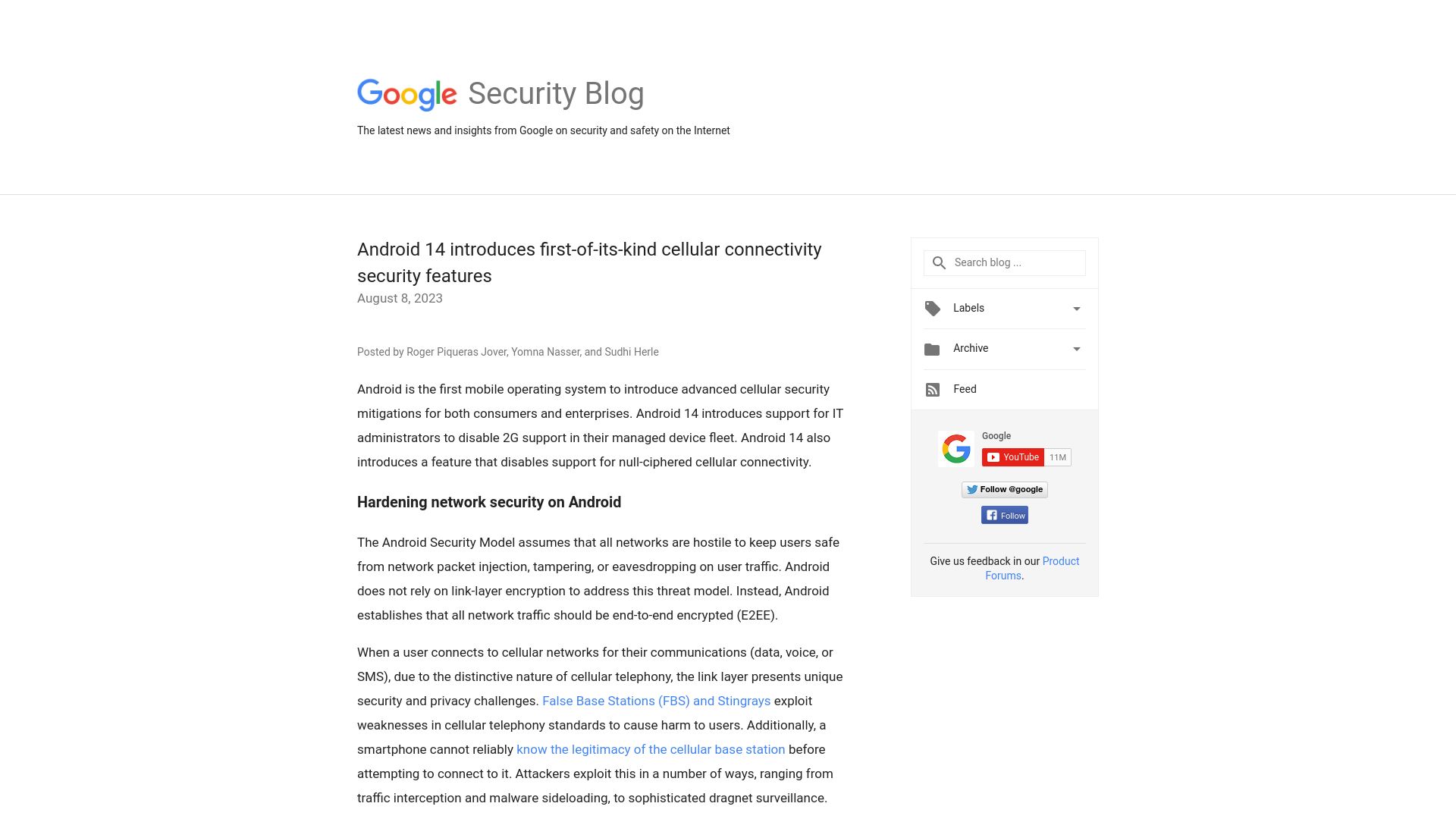 Screenshot of security.googleblog.com: Android 14 introduces cellular connectivity security features