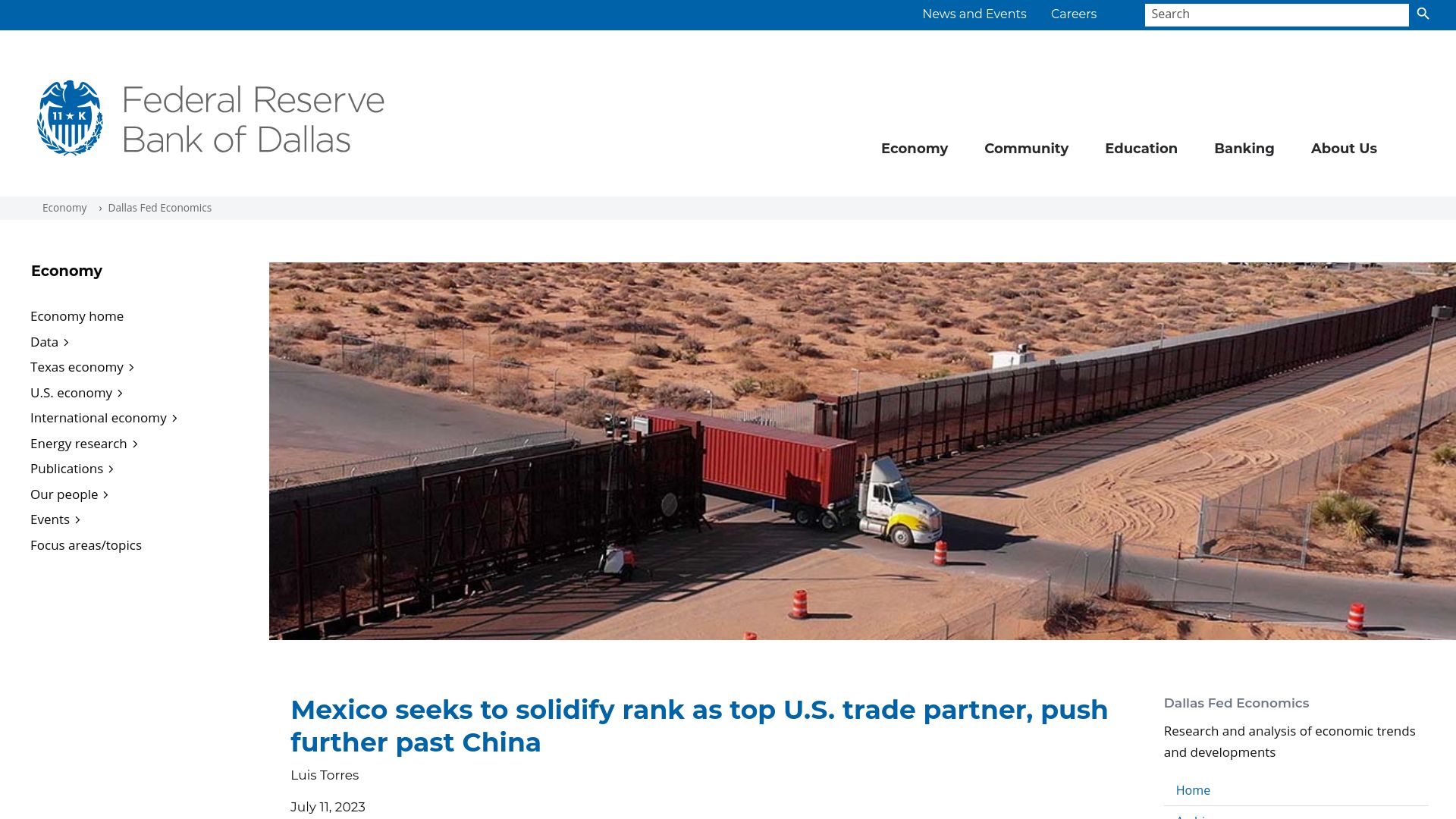 Screenshot of dallasfed.org: Mexico seeks to solidify rank as top U.S. trade partner, push further past China