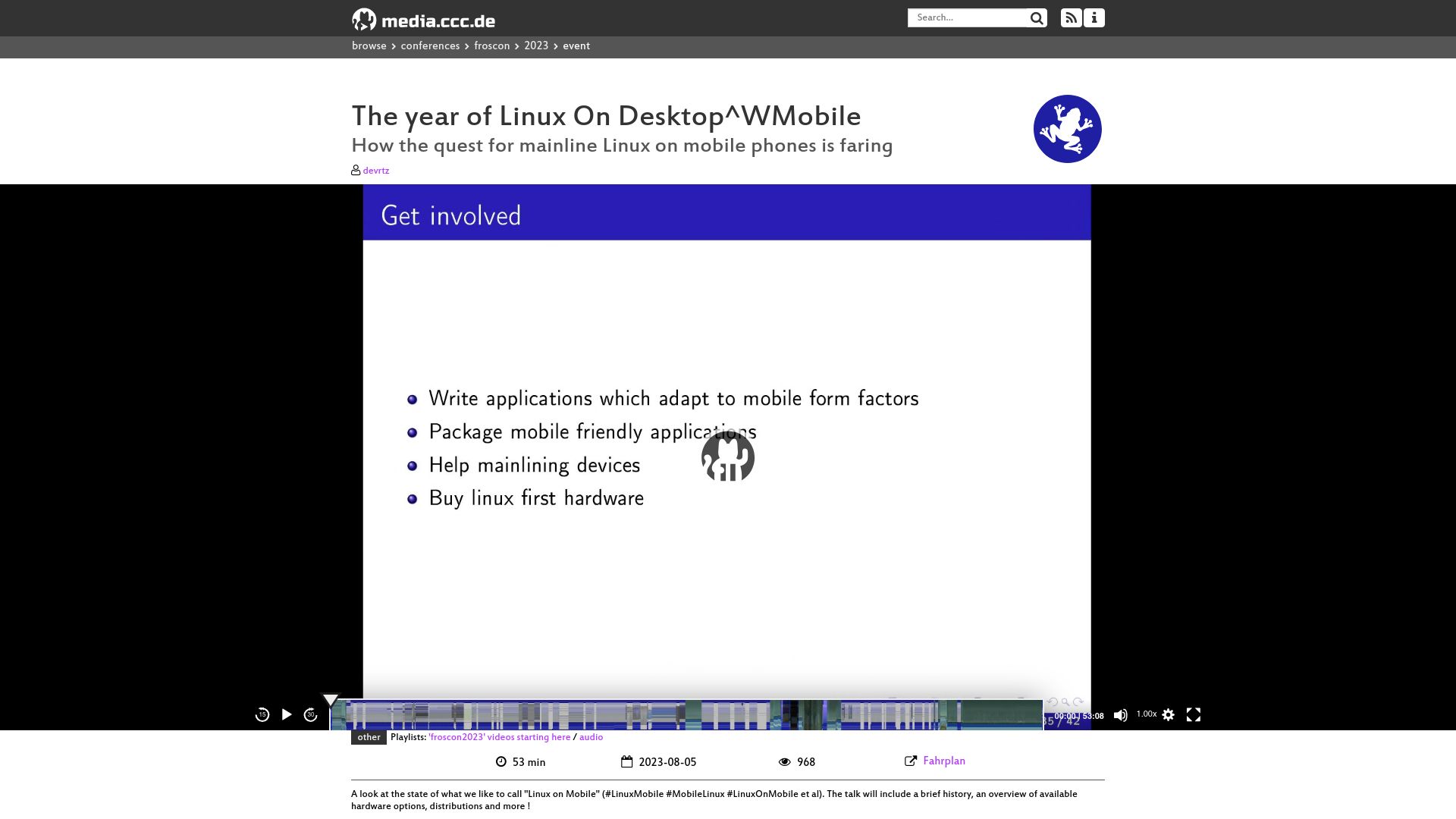 Screenshot of media.ccc.de: The year of Linux On Desktop^WMobile [video]