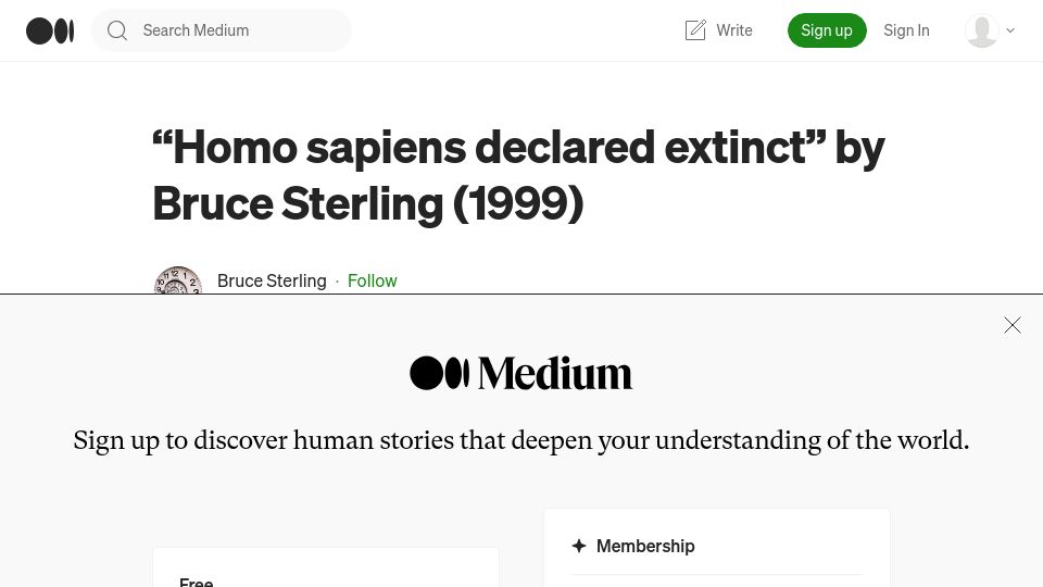 Screenshot of bruces.medium.com: Homo sapiens declared extinct (1999)